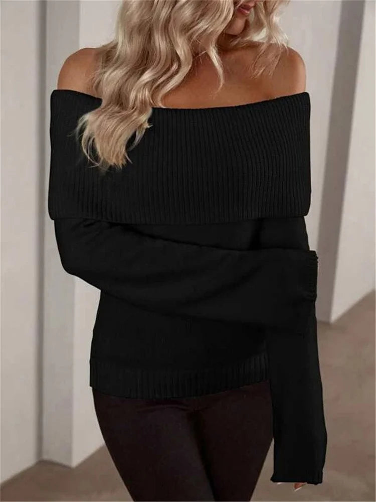 White Knit Sweater Pullover Female Off-shoulder Slim Long Sleeve High Waist Backless Loose Knitwear New