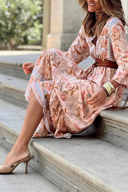 Pink V Neck Ruffle Maxi Dress