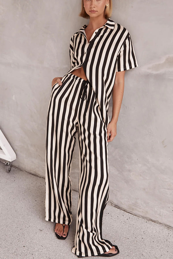 Erika Striped Shirt and Elastic Waist Pocket Wide Leg Pants Set