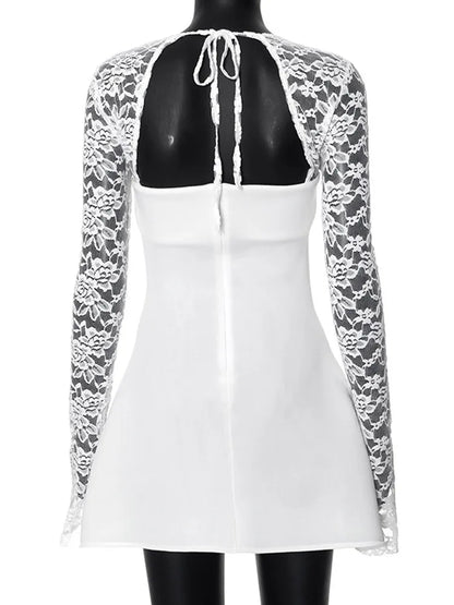 Lace Patchwork ’s Mini Dress Square Collar Long Sleeve A-line Vestido New Female Party Robe