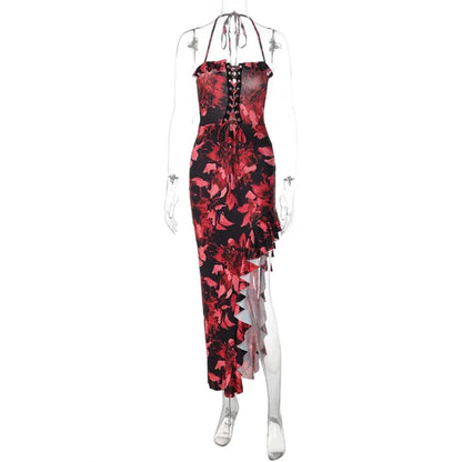 Irregular Hollow Backless Dresses Fashionable High Waist Slit Printed Long Dress Sleeveless Evening Dresses