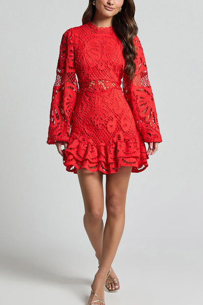 Color Hollow Long-sleeved Waisted Lace Mini Dress