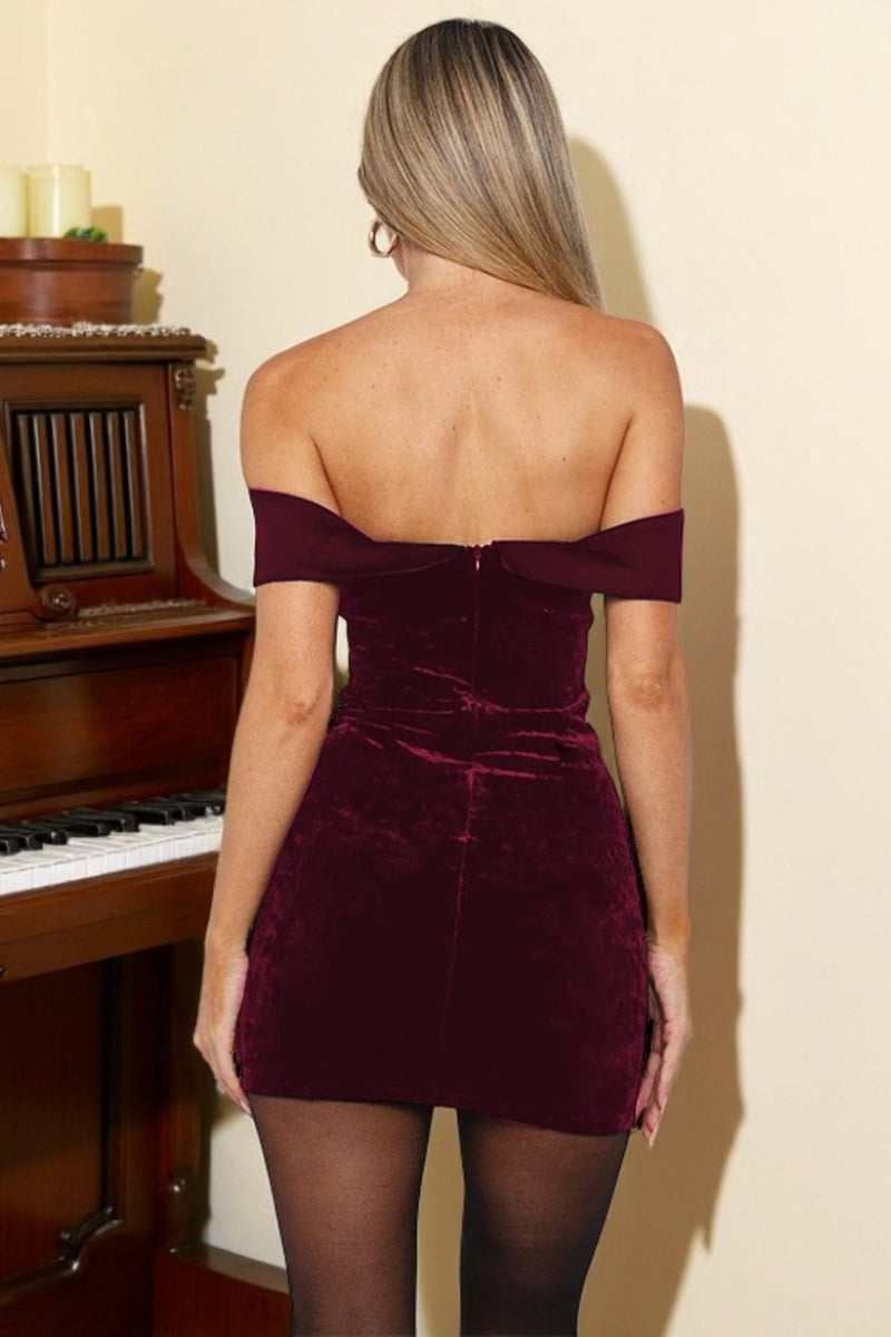 Off Shoulder Backless Velvet Bodycon Mini Dress
