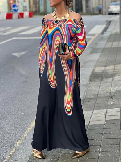 Long Sleeves Colorful Contrast Color Printed Off-the-shoulder Maxi Dresses