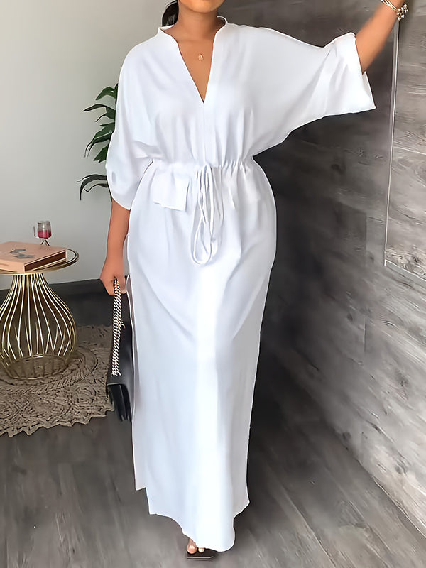Loose Drawstring Color Split-side V-neck Maxi Dresses