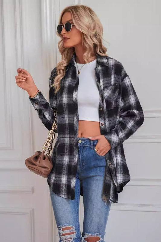 Boyfriend Fit Plaid Collared Blouse