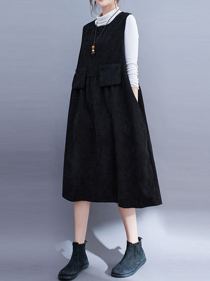 Artistic Retro Loose Sleeveless Color Round-neck Midi Dresses