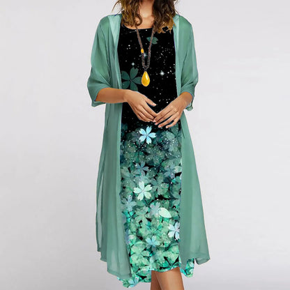 Kaftan Flower Ink Painting With Cardigan Shawl Sets Tunic Dress