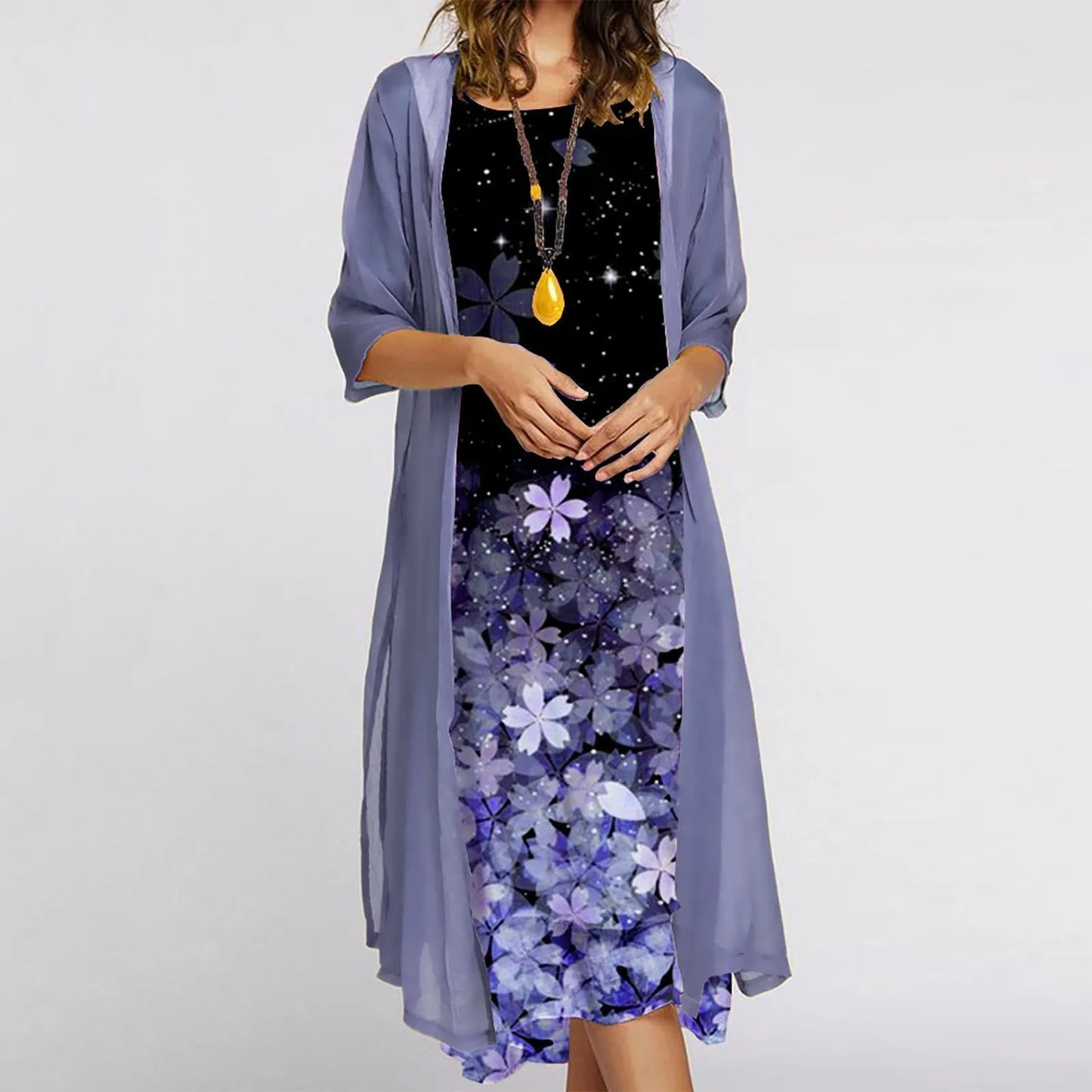 Kaftan Flower Ink Painting With Cardigan Shawl Sets Tunic Dress