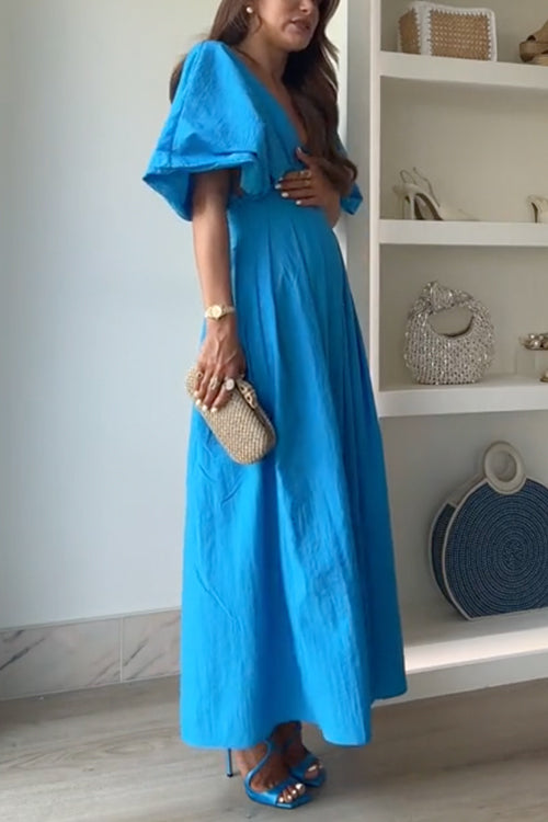 V Neck High Waist Ruched Swing Maxi Dress