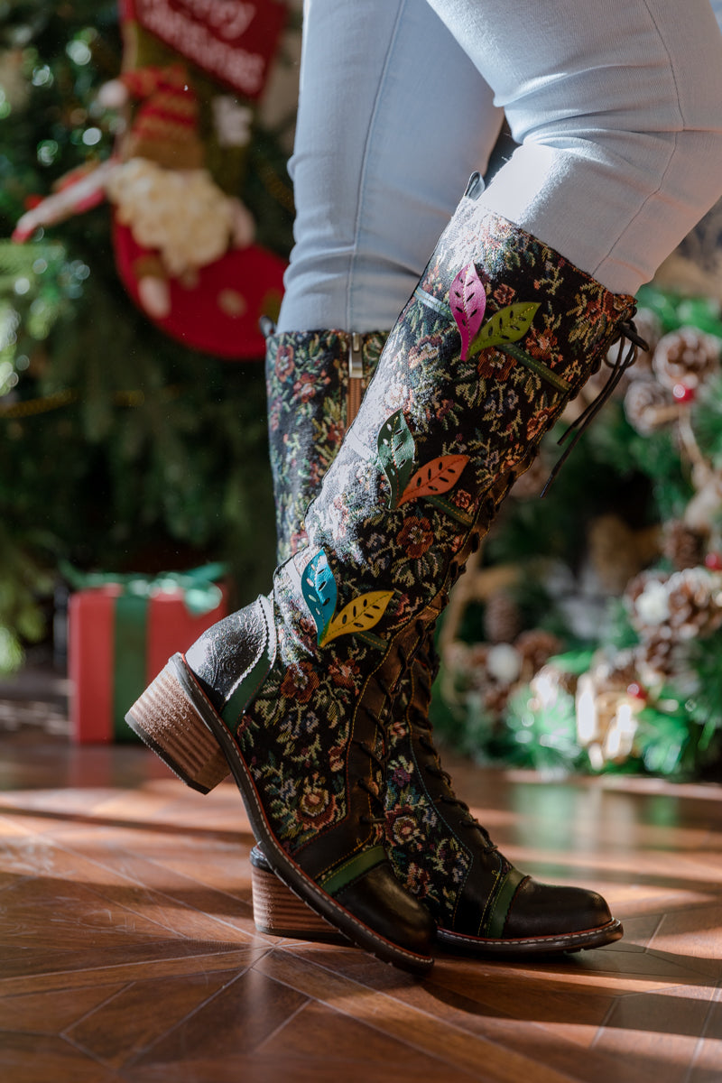 Soffia | Patchwork Applique Leather Canvas Boot