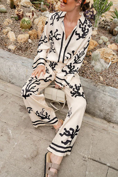 Wide Leg Reef Print Satin Pants