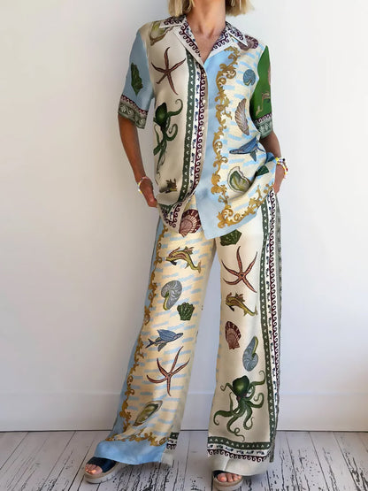 Unique Deep Sea Print Loose Wide-leg Pants