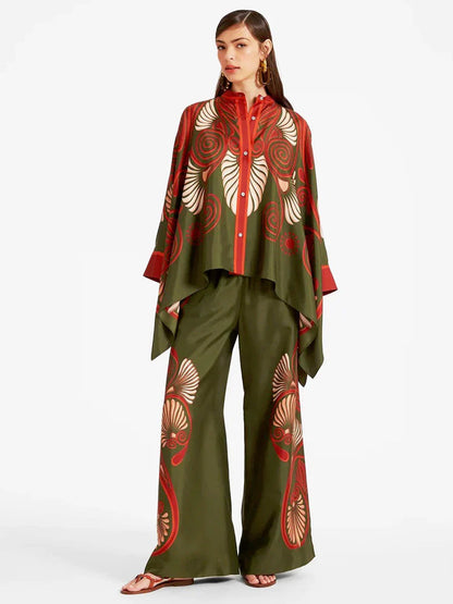 Fine Satin Print Batwing Sleeve Pants Set - Dark Green