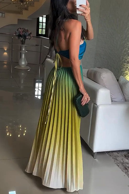 Moxidress Sleeveless Cut Out Back Lace-up Gradient Pleated Maxi Dress