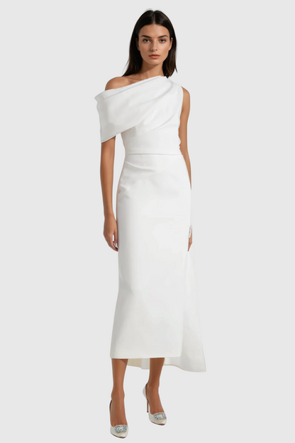 Candidus Shawl Ruch Asymmetric Midi Dress in White
