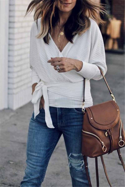Long Sleeves Cross-over Design Bandage T-shirt
