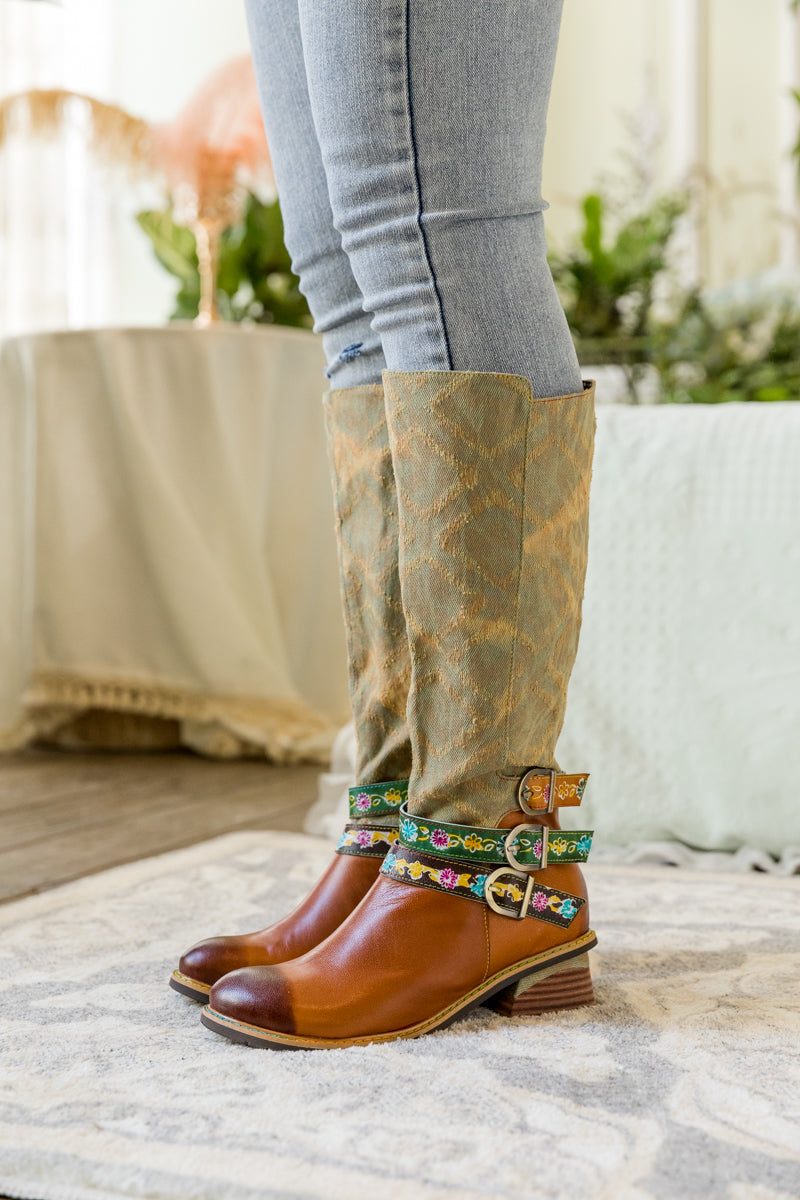 Soffia | Tri-strap Canvas Leather Knee High Boot