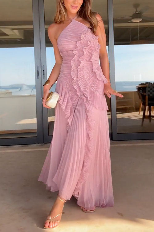 Moxidress Strappy Halter Neck Ruffle Trim Asymmetric Hem Pleated Maxi Dress