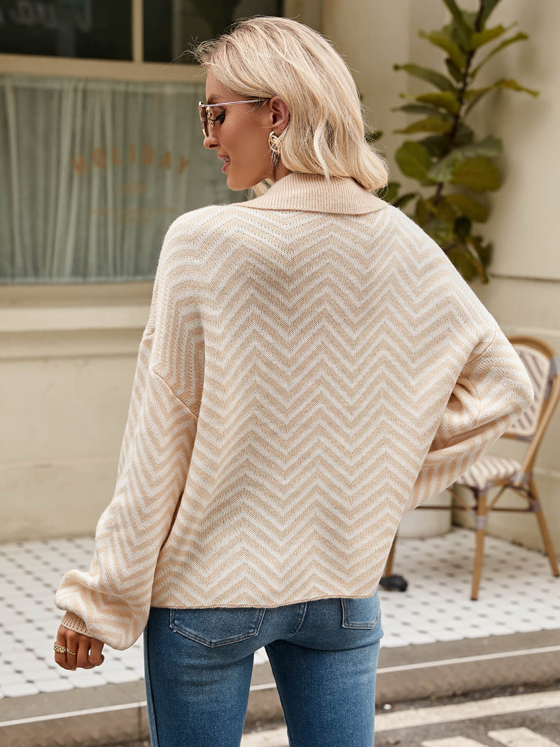 Benji Zig Zag Striped Batwing Sleeve Sweater - Beige