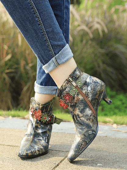 Soffia | Snake Pattern Embossed Green Leather Kitten Heel Ankle Boot