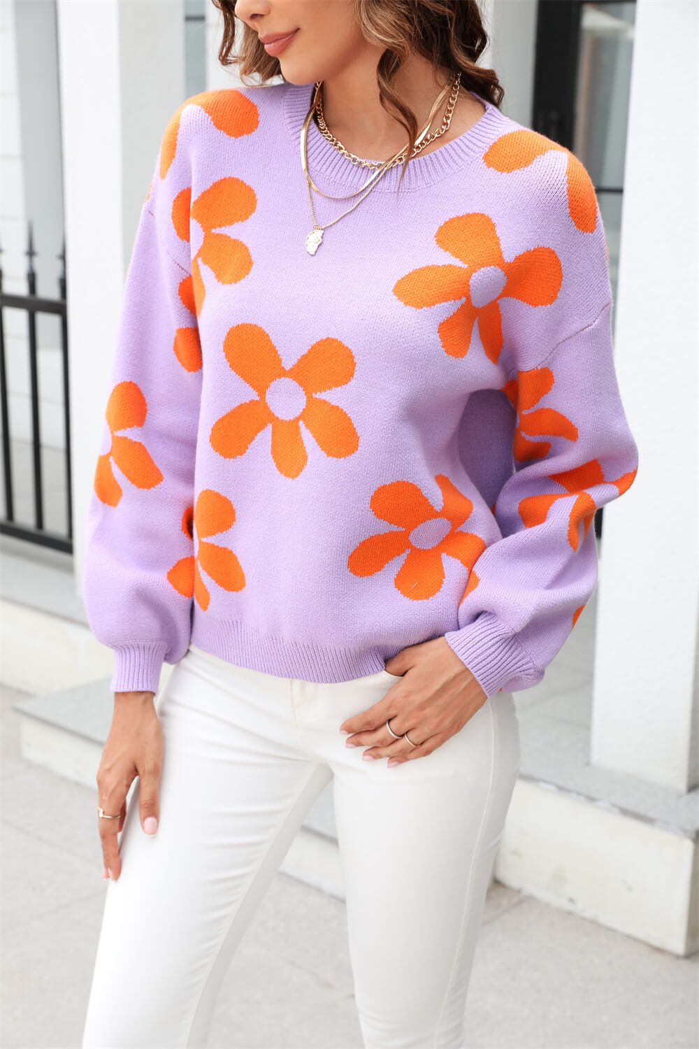 Fall Mega Daisy Pullover Sweater - Purple