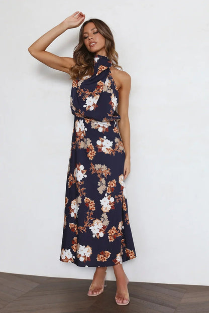 Wine Country Dates Halter Neck Elastic Waist Maxi Dress