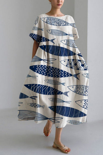 Printed Short Sleeves Pocketed A-line Midi Dress