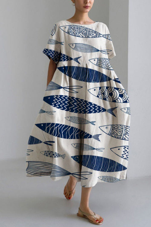 Printed Short Sleeves Pocketed A-line Midi Dress