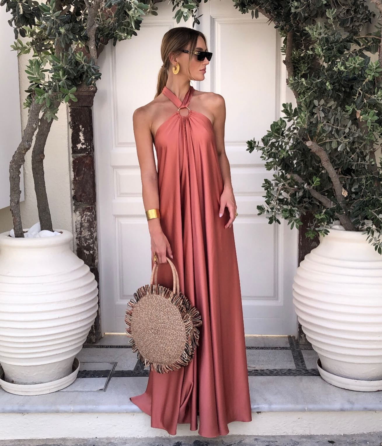 Satin Maxi Long Dress: Backless Halter Neck