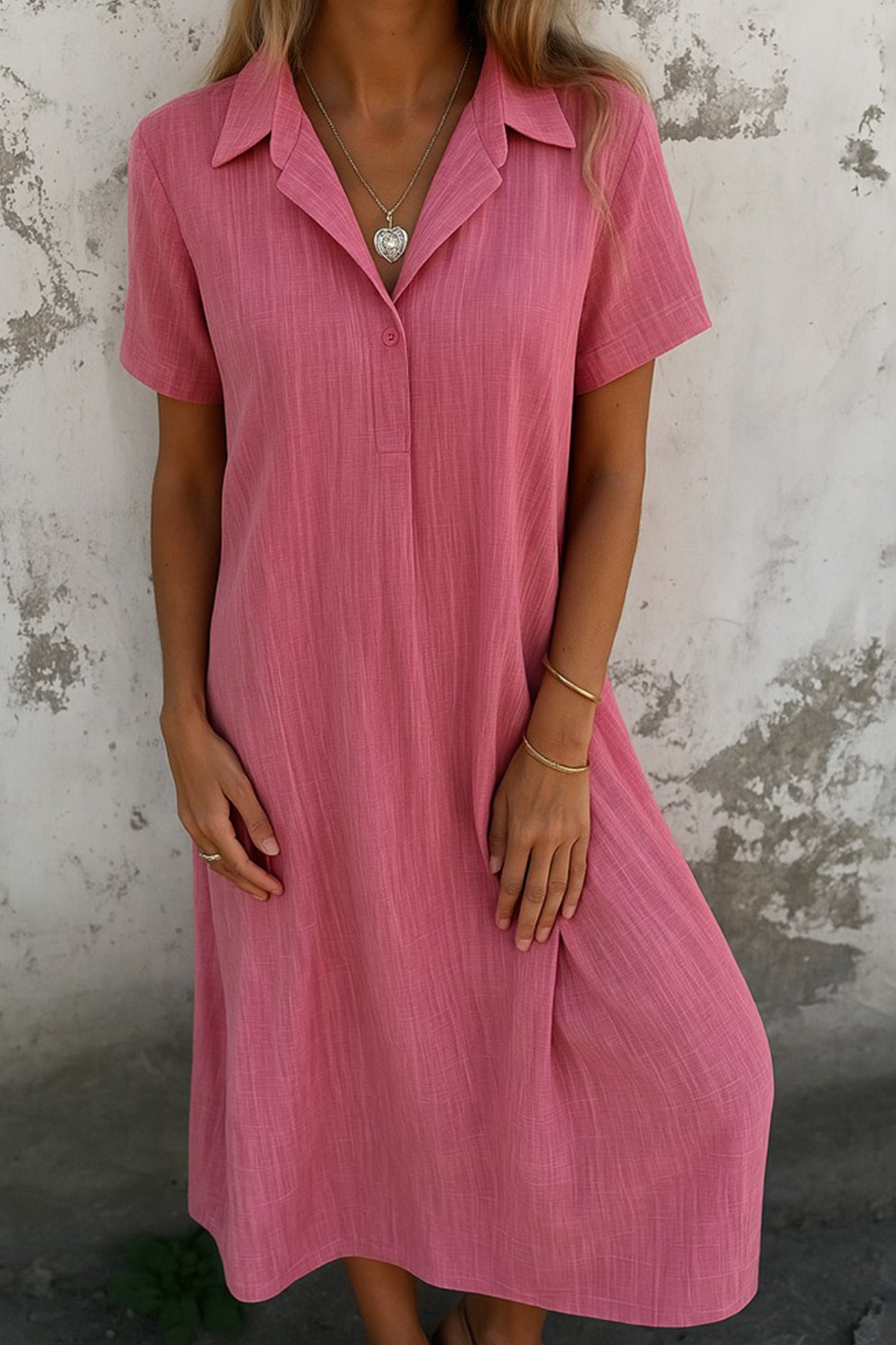 V-neck Color Short-sleeve Shirt Dress