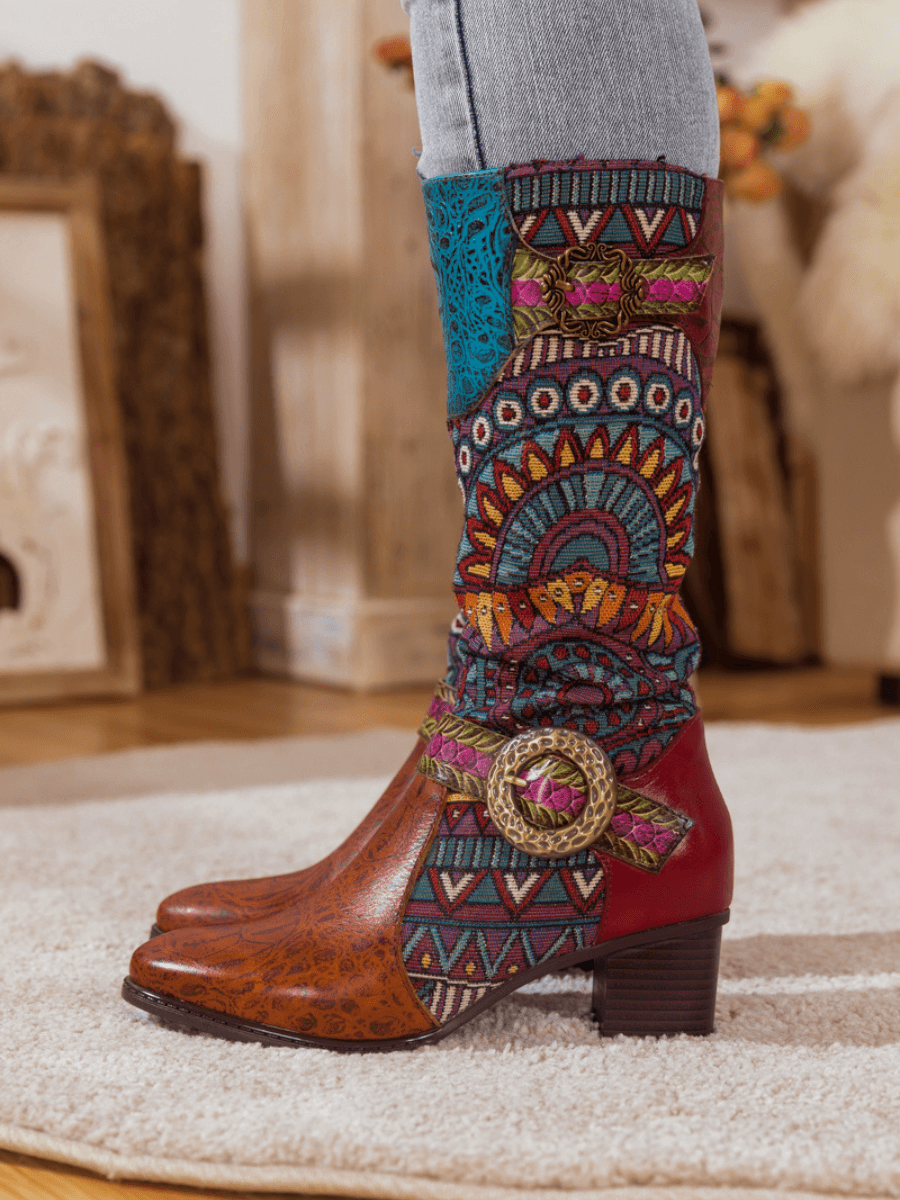 Soffia | Brown Patchwork Leather Knee Boot