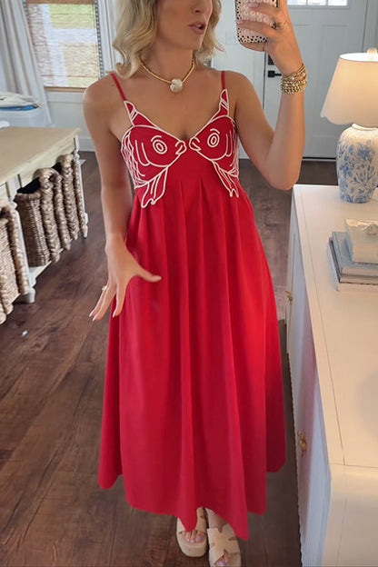Moxidress Spaghetti Strap Twin Fish Embroidery Maxi Dress