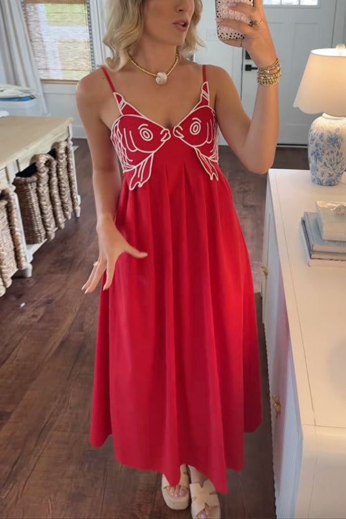 Moxidress Spaghetti Strap Twin Fish Embroidery Maxi Dress