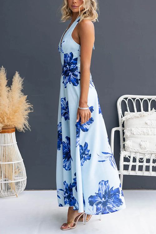 Halter V Neck Back Lace-up Waisted Print Maxi Dress