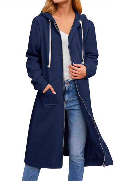 Zip Up Drawstring Hooded Long Cardigan