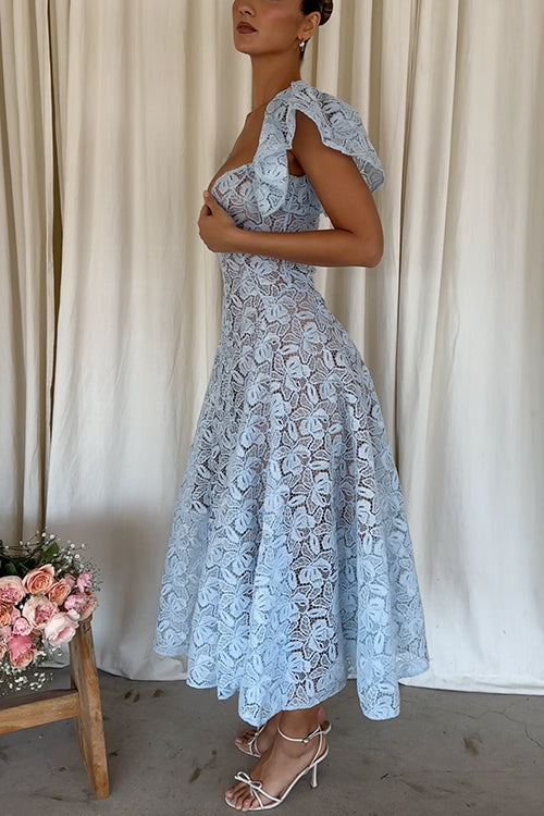 V Neck Flare Sleeves Lace Midi Dress