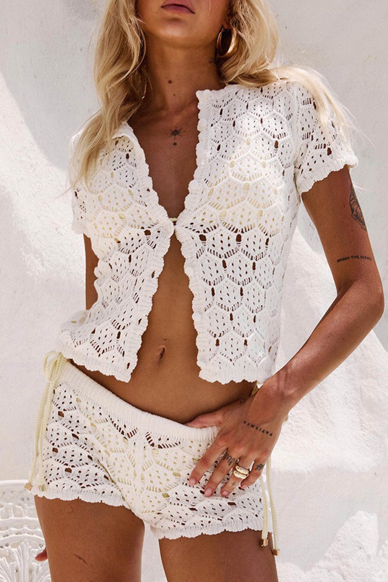Hollow-out Jacquard Blouse Cover-up Set