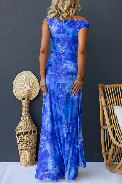 Asymmetric Shoulder Ruched Waist Print Maxi Dress