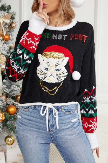 Round Neck Cat Embroidery Sequin Sweater
