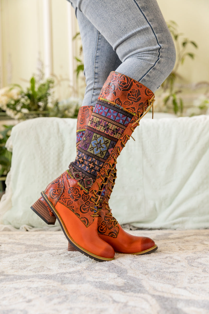Soffia | Geometry Patchwork Embossed Leather Knee High Boot