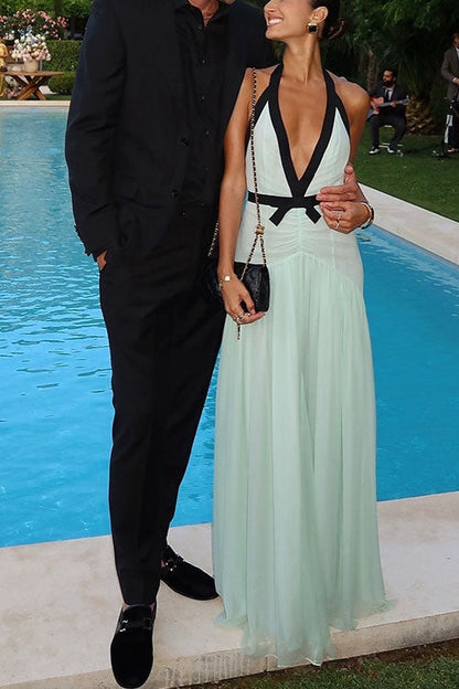 Moxidress Deep V Neck Halter Backless Color Block Bow Maxi Dress