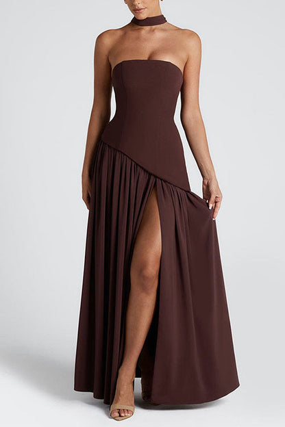 Strapless Back Lace-up High Slit Splice Maxi Dress