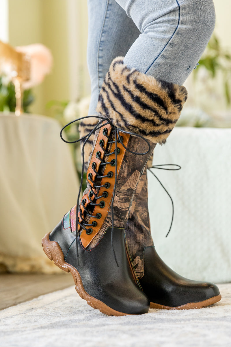 Soffia | Tiger Pattern Fur Circum Leather Tie-accent Boot