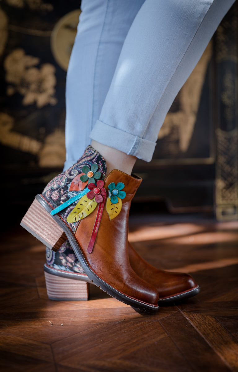 Soffia | Petal Applique Leather Ankle Boot