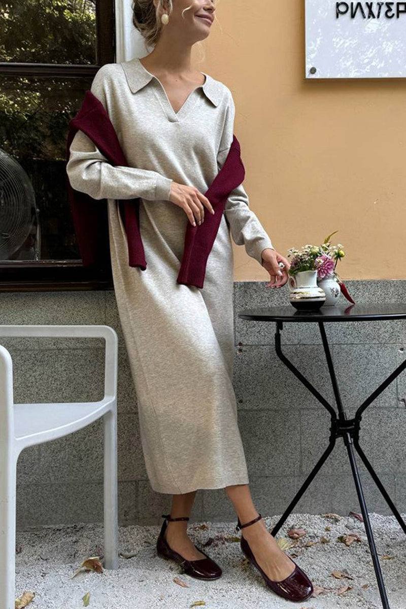 Lapel Long Sleeve Loose Knit Dress