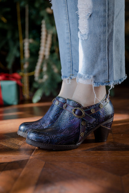 Soffia | Rose Embossed Relief Purple Leather Ankle Boot