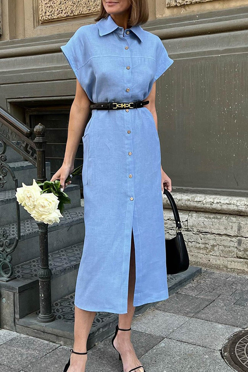Button-down Strappy Cotton Linen Shirt Dress