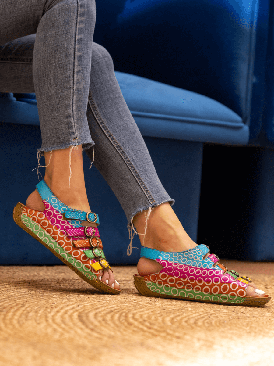 Soffia | Rainbow Strap Bubble Pattern Leather Sandal