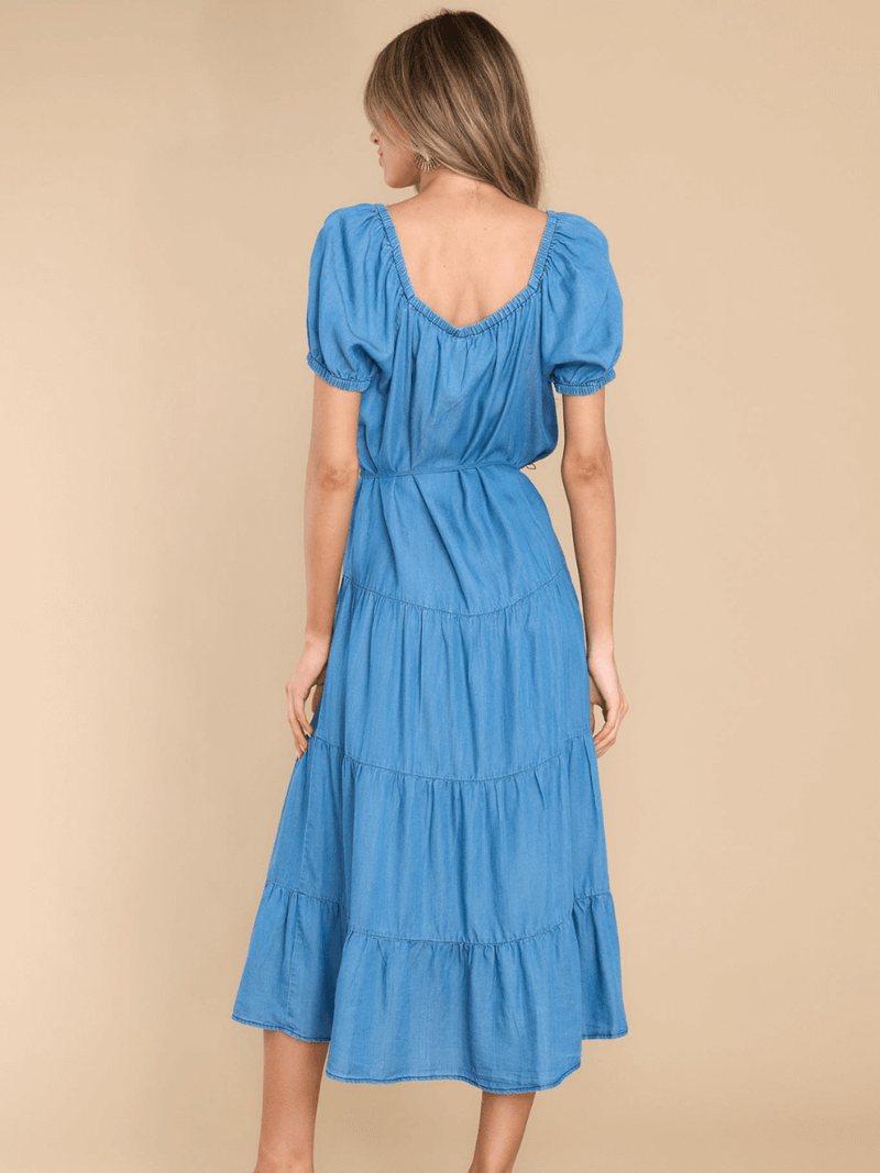 Madelina Tiered Cotton Blend Denim Midi Dress
